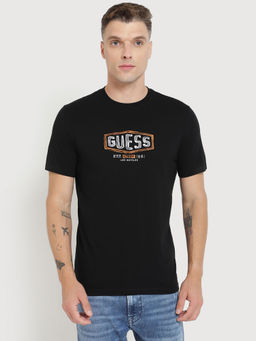 Guess - Men Black Typography Round Neck Short Sleeves T-Shirt