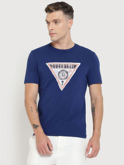 Guess - Men Blue Printed Round Neck Short Sleeves T-Shirt