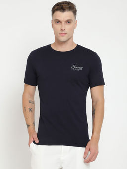 Guess - Men Navy Blue Solid Round Neck Short Sleeves T-Shirt