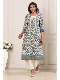Biba - Women Blue Cotton Round Neck Kurta