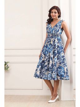 Biba - Women Blue Cotton V-Neck Dress