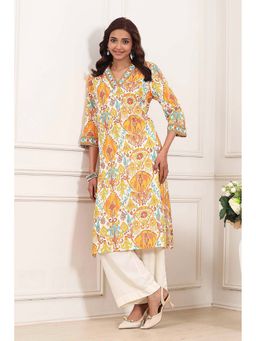 Biba - Women Yellow Cotton V-Neck Kurta