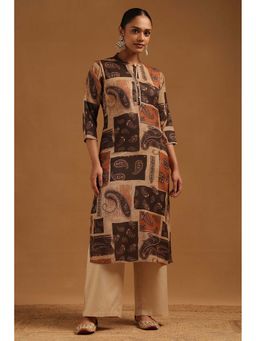 Soch - Women Beige Cotton Blend Mandarin Neck Kurta