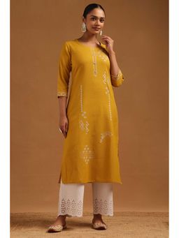 Soch - Women Mustard Pure Cotton Round Neck Kurta