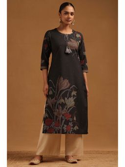 Soch - Women Black Cotton Tie Up Neck Kurta