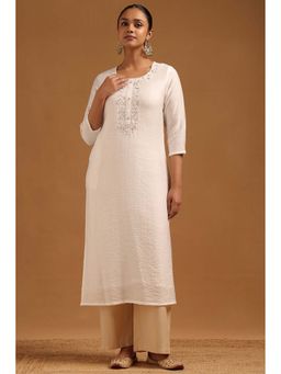 Soch - Women White Viscose Blend Round Neck Kurta