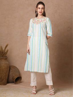 FASHOR - Women White Cotton Boat Neck Kurta