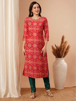 FASHOR - Women Red Linen Round Neck Kurta