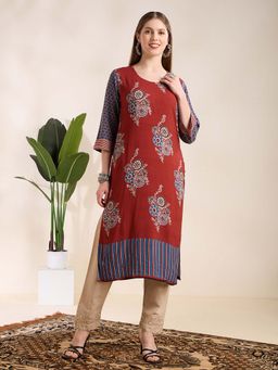 FASHOR - Women Maroon Viscose Rayon Round Neck Kurta