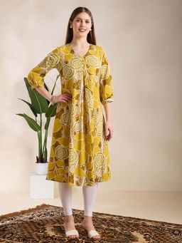 FASHOR - Women Green Cotton V-Neck Kurta