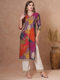 FASHOR - Women Multi-Color Muslin Silk V-Neck Kurta