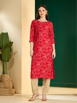 FASHOR - Women Pink Silk Blend Round Neck Kurta