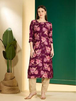 FASHOR - Women Purple Silk Blend Round Neck Kurta