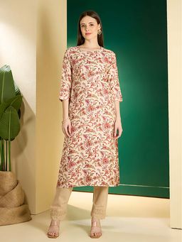 FASHOR - Women Cream Silk Blend Round Neck Kurta