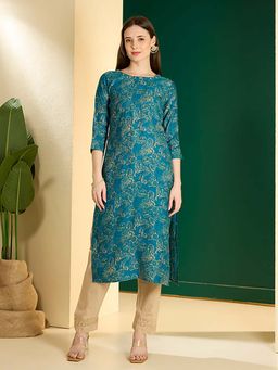 FASHOR - Women Teal Silk Blend Round Neck Kurta