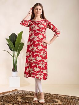 FASHOR - Women Red Silk Blend Round Neck Kurta