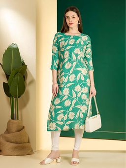FASHOR - Women Green Silk Blend Round Neck Kurta