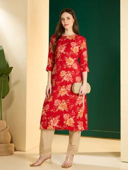 FASHOR - Women Red Silk Blend Round Neck Kurta