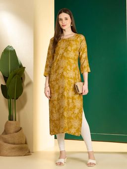 FASHOR - Women Mustard Silk Blend Round Neck Kurta