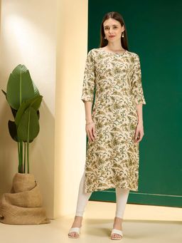 FASHOR - Women Cream Silk Blend Round Neck Kurta