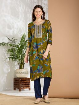 FASHOR - Women Green Silk Blend Round Neck Kurta