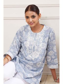 Biba - Women Blue Cotton Round Neck Kurti