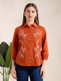 FASHOR - Women Rust Cotton Collar Neck Shirt