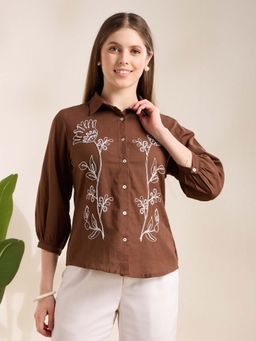FASHOR - Women Brown Cotton Collar Neck Shirt