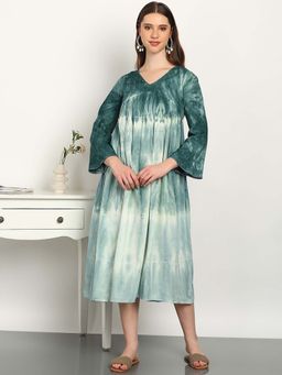 Maaesa - Women Green Rayon V-Neck Dress