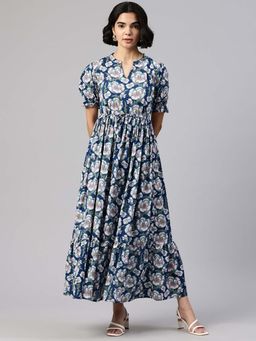 Swishchick - Women Blue Cotton Mandarin Neck Dress