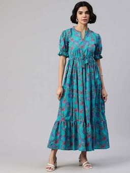 Swishchick - Women Blue Cotton Mandarin Neck Dress