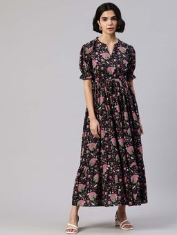 Swishchick - Women Black Cotton Mandarin Neck Dress