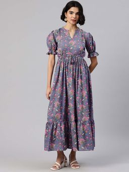 Swishchick - Women Blue Cotton Mandarin Neck Dress