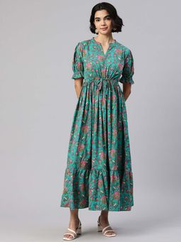 Swishchick - Women Blue Cotton Mandarin Neck Dress