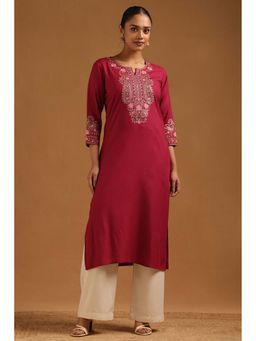 Soch - Women Magenta Rayon Round Neck Kurta