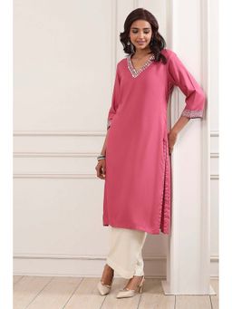 Biba - Women Pink Viscose Rayon V-Neck Kurta
