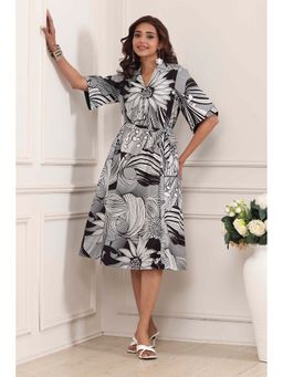 Biba - Women Black Cotton Collar Neck Dress with Belt