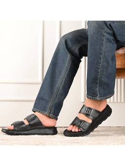 Valentino - Black West Port Men Premium Leather Casual Sandals