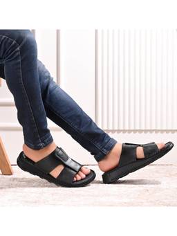 Valentino - Black West Port Men Premium Leather Casual Sandals with Comfort Footbed