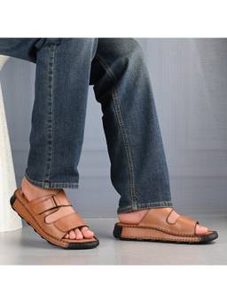 Valentino - Tan West Port Men Premium Leather Casual Sandals with Comfort Footbed
