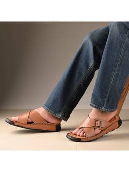 Valentino - Tan West Port Men Premium Leather Cross-Strap Casual Sandals with Comfort Footbed