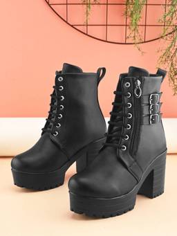 XE Looks - Black Womens Triple Buckle Lace-Up Ankle Boots