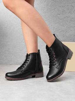 XE Looks - Black Lace Up Side Zip Cushioned Low Block Heel Ankle Boots