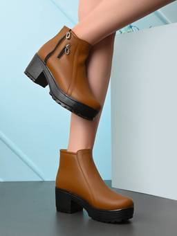 XE Looks - Tan Dual-Zip Chunky Platform Block Heel Ankle Boots