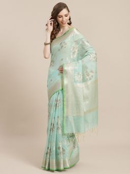 Banarasi Silk Works - Masrise Cotton Woven Saree Green with Unstitched Blouse