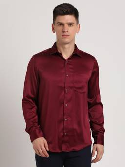 Turtle - Men Poly Satin Slim Fit Red Solid Party Shirt