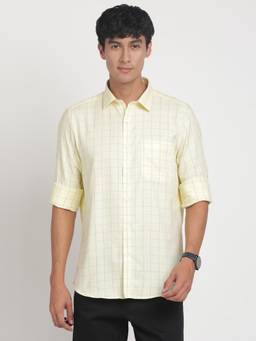 Turtle - Men Cotton Slim Fit Light Yellow Checkered Shirt