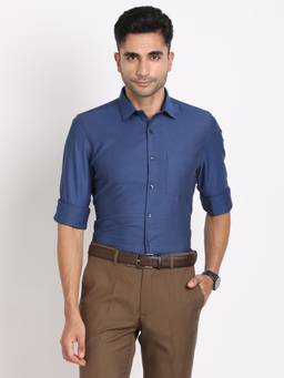 Turtle - Men Cotton Slim Fit Blue Dobby Print Formal Shirt