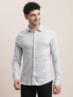 Turtle - Men Knitted Slim Fit Grey Printed Party Shirt
