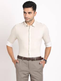 Turtle - Men Knitted Slim Fit Beige Check Formal Shirt